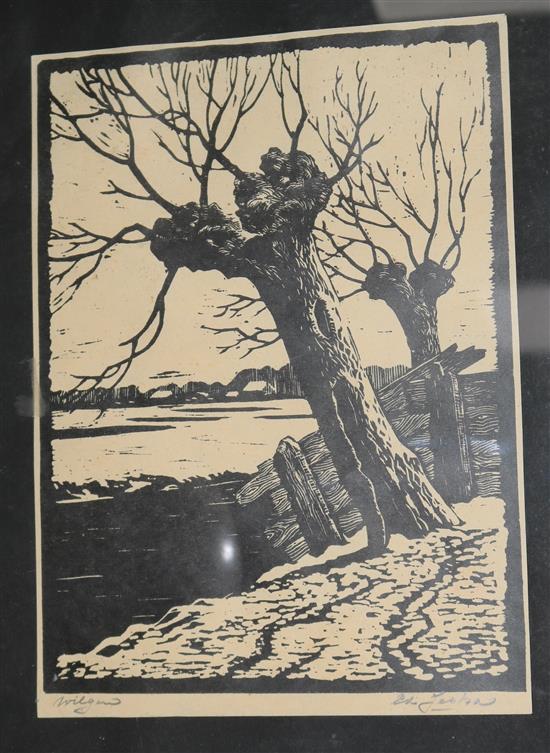 A woodblock print of trees